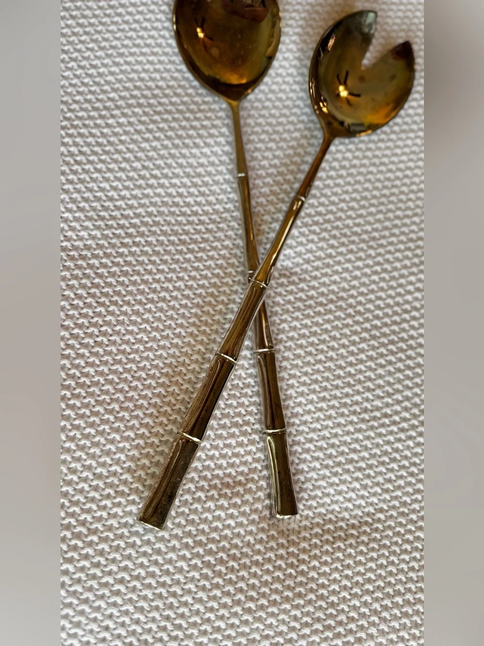 VINTAGE Silver Bamboo Handle Salad Serving Spoons Utensils Made in ITALY